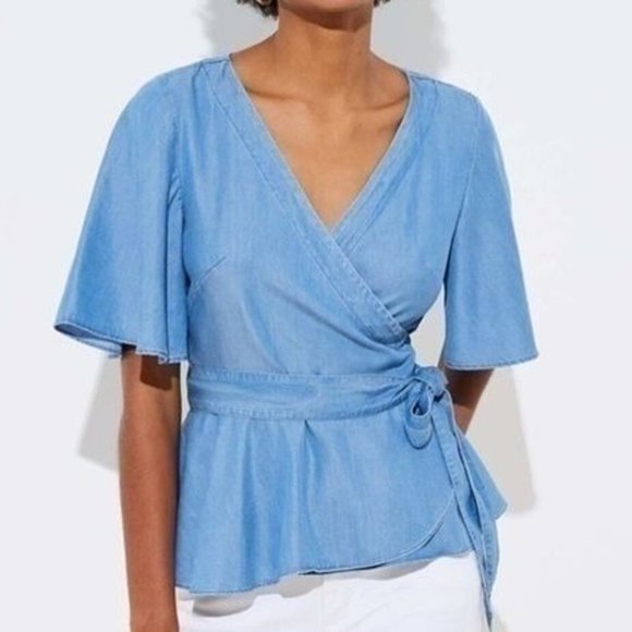 Ann Taylor LOFT Plus Blue Chambray Wrap Short Sleeve Top 18 - Picture 1 of 5
